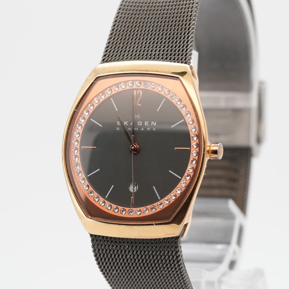 Skagen SKW2113 28mm Rose Gold Tone Quartz Watch Crystal Bezel Working